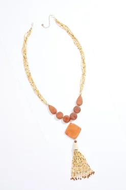 Wood Multi Bead Tassel Necklace