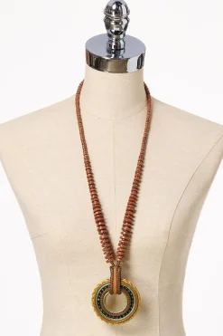 Wood Rope Green Stone Pendant Necklace