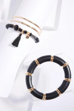 Xl Black Wood Gold Multi Bracelet Set