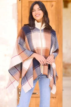 Zip Front Collared Plaid Poncho