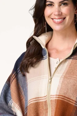 Zip Front Collared Plaid Poncho